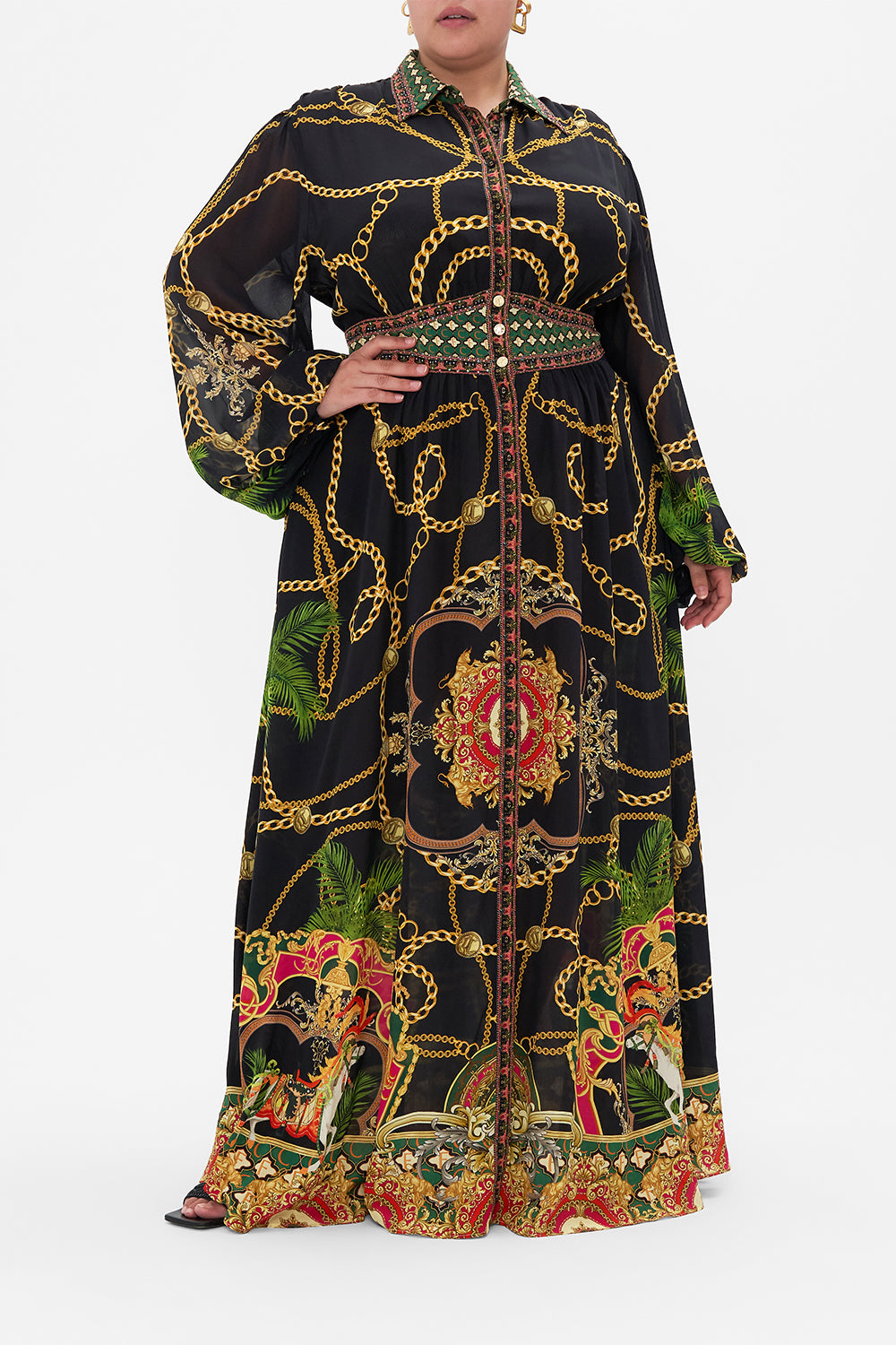 WAISTBAND LONG DRESS WITH COLLAR JEALOUSY AND JEWELS