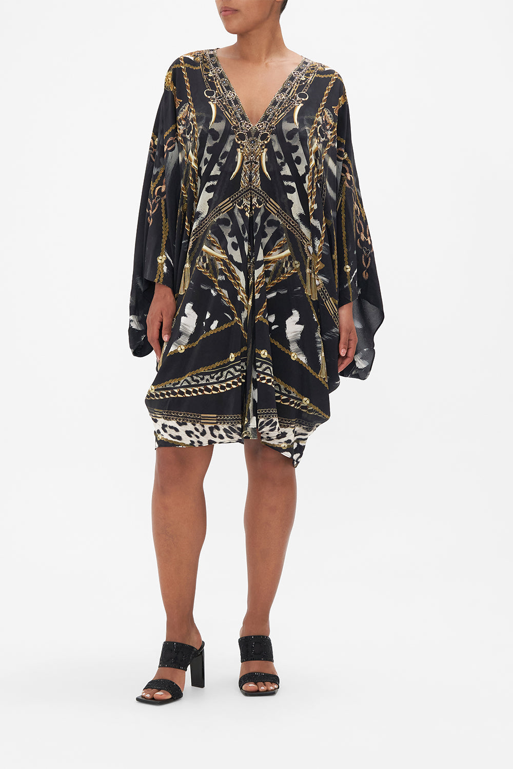 Front view of model wearing CAMILLA silk animal print kaftan in Untamed Royalty print