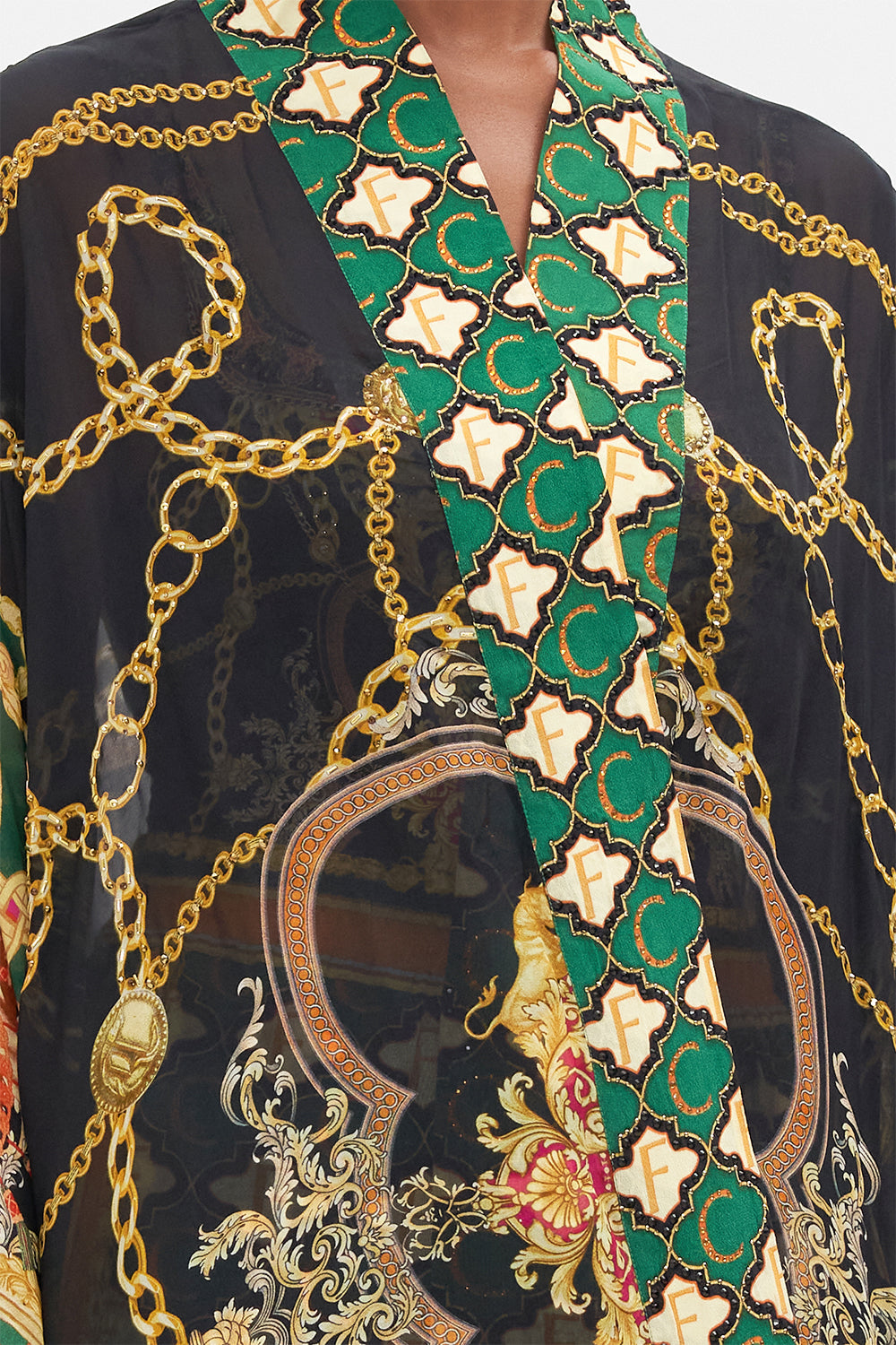 Crop view of model wearing CAMILLA silk kimono in Jealousy and Jewels print