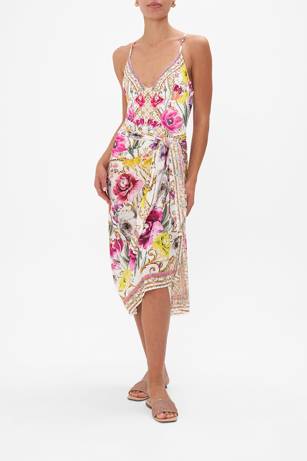 Front view of model wearing CAMILLA floral printed sarong in Destiny Calling print