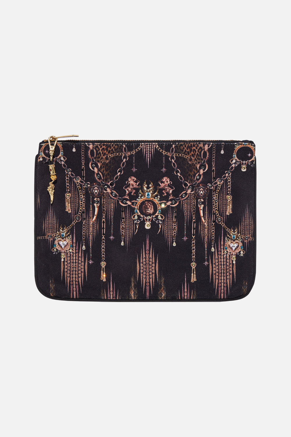 Product view of CAMILLA animal print clutch bag in Jungle Dreaming print