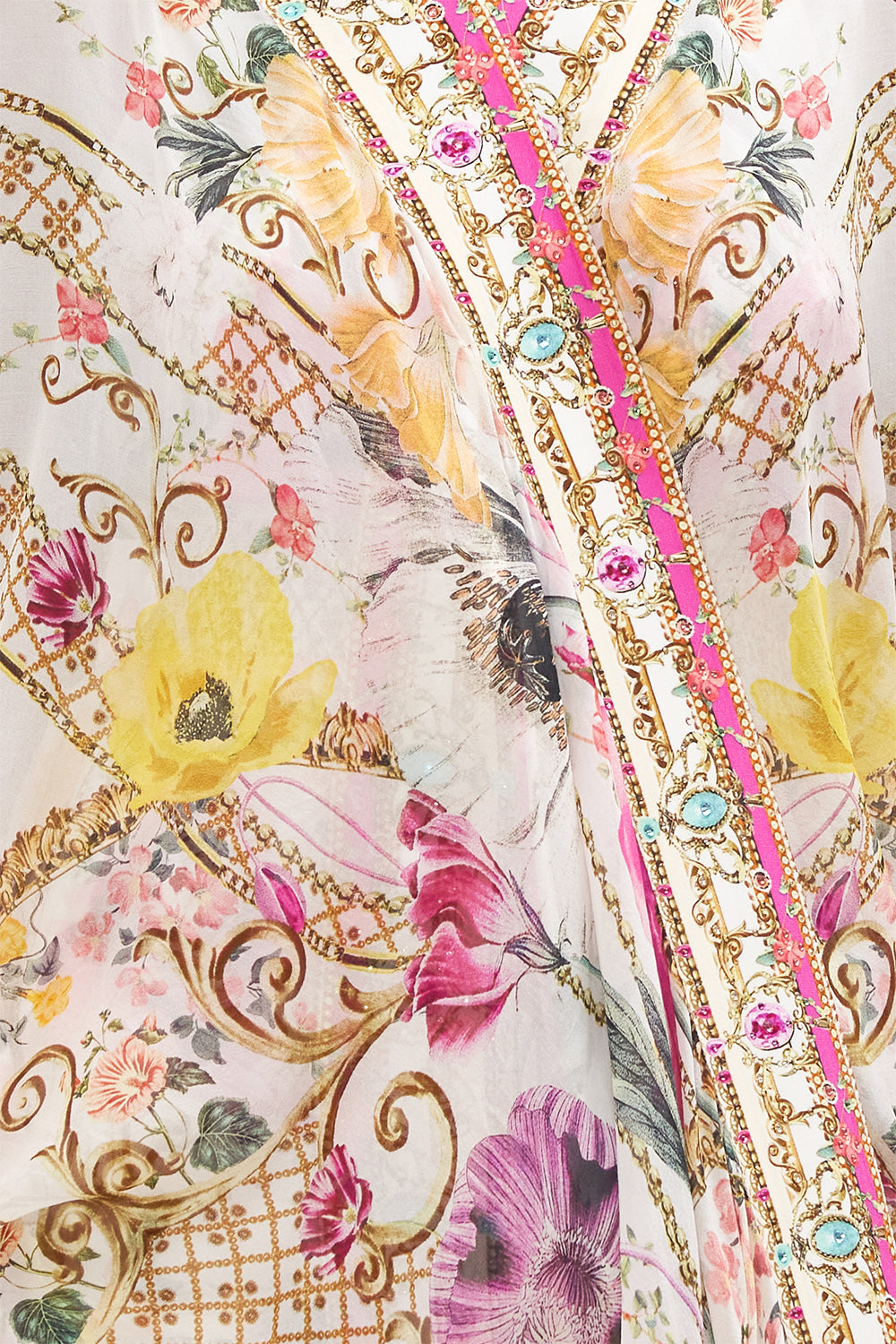 Back product view of model wearing CAMILLA silk floral kimono in Destiny Calling print