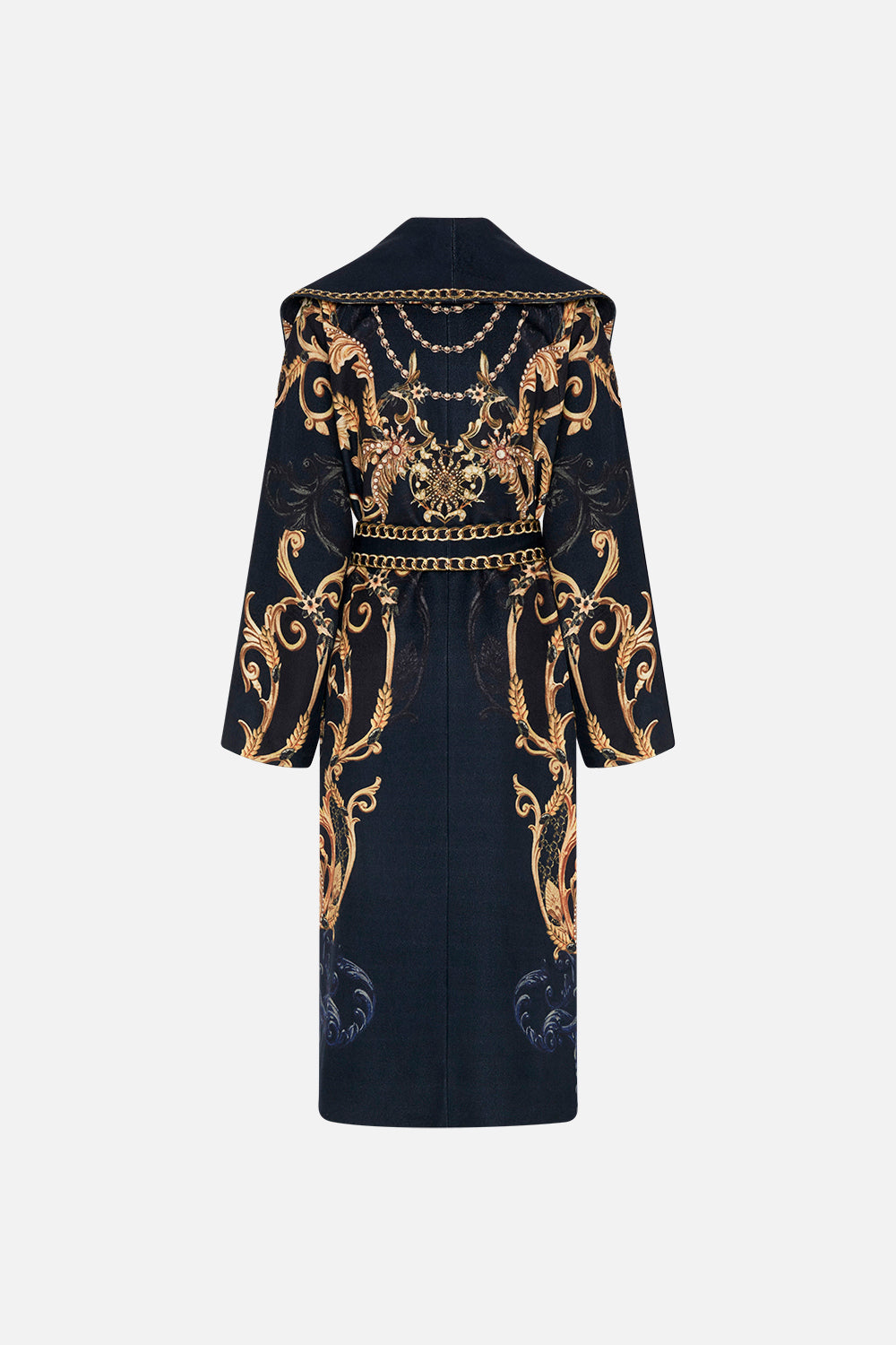 Back product view of CAMILLA long wool coat in Moonlight Melodies print