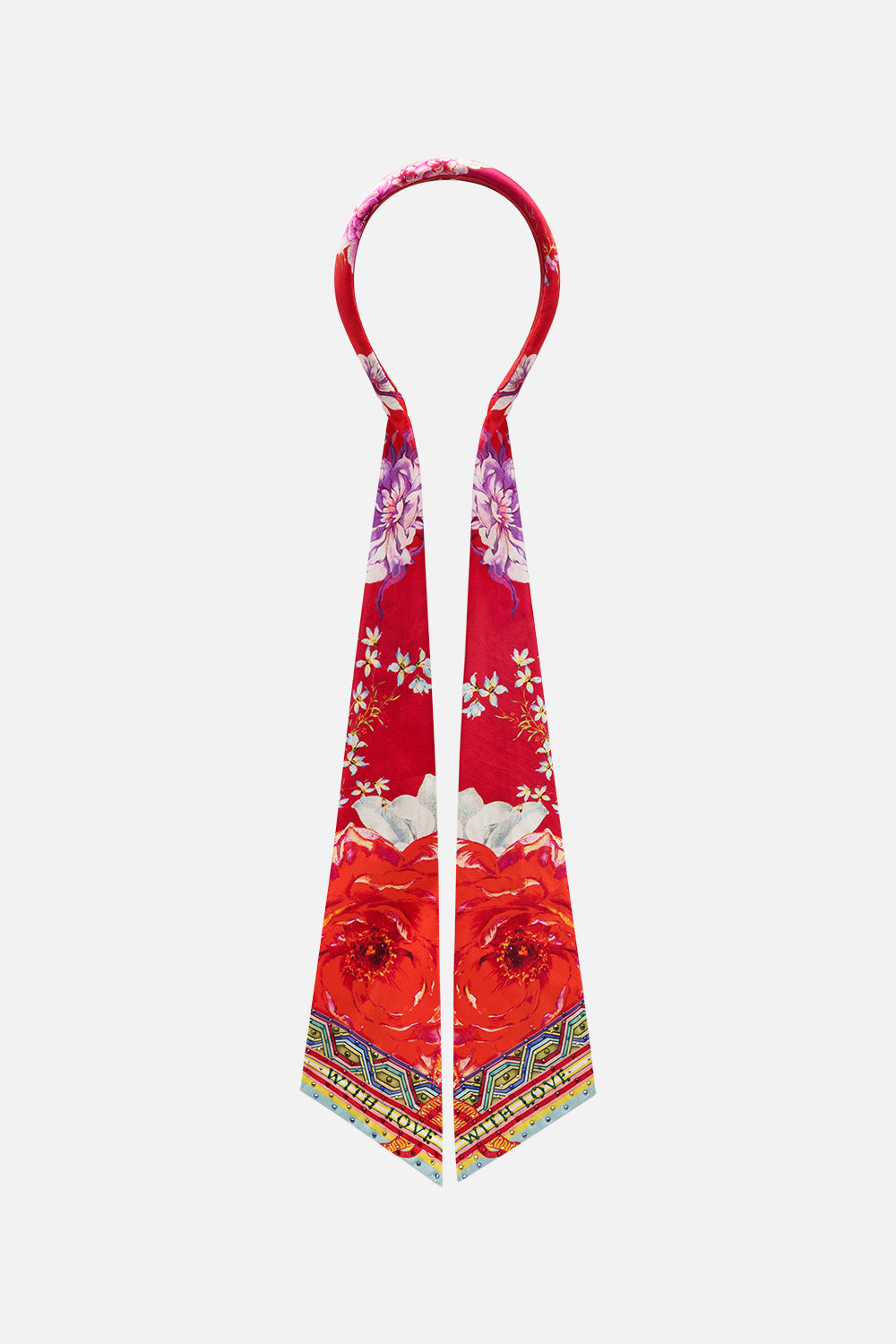 Detail view of CAMILLA silk floral scarf headband in Kiss and Tell print