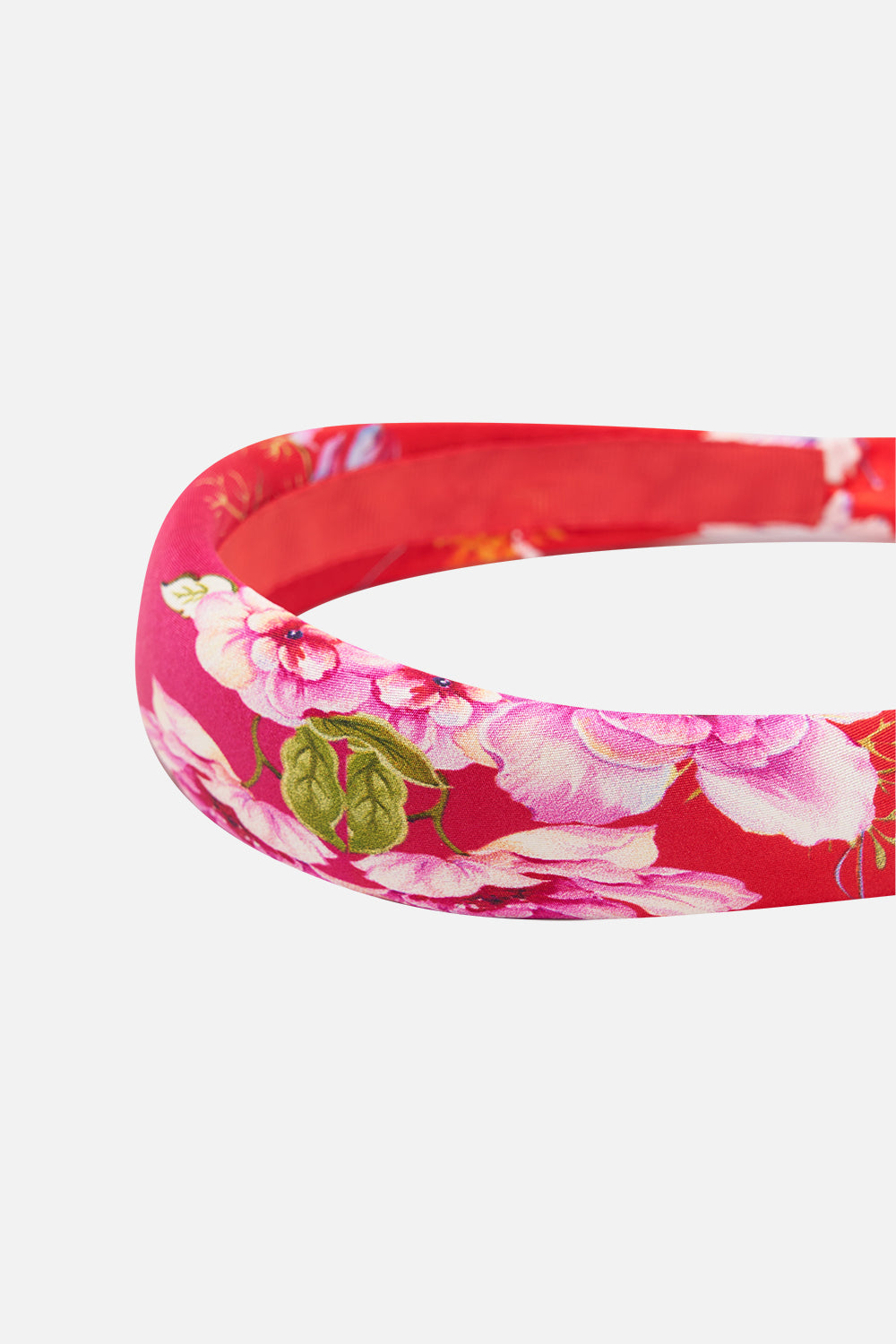 Close up view of CAMILLA silk floral scarf headband in Kiss and Tell print