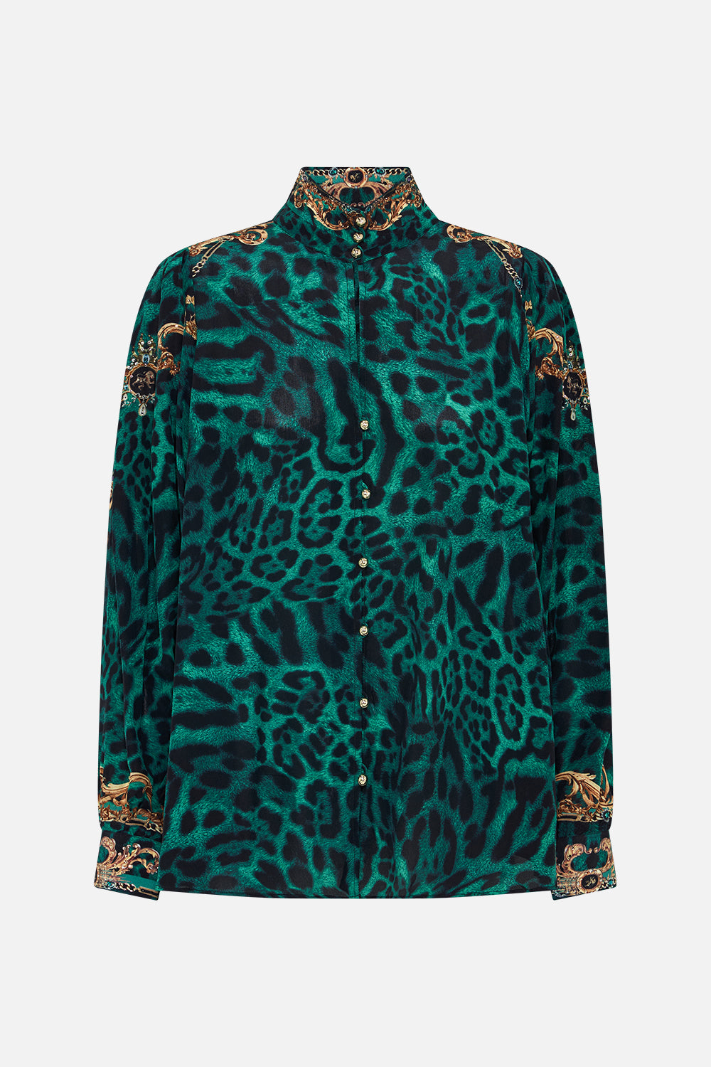 Front view of model wearing CAMILLA green leopard print silk blouse in Sing My Song print