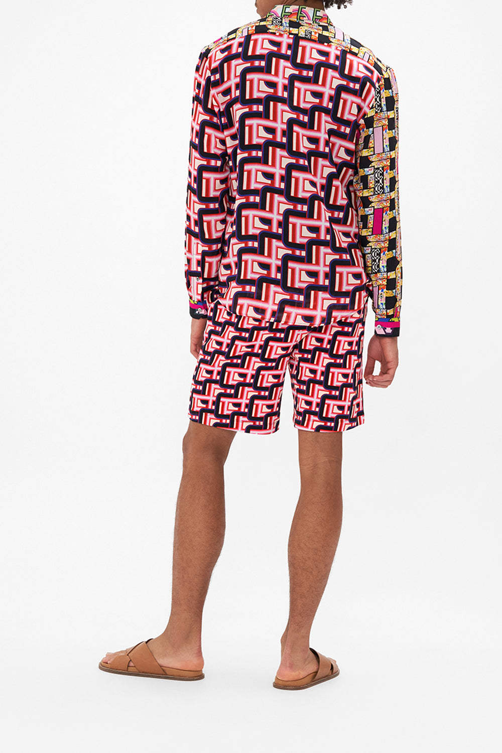 Back view of model wearing HOTEL FRANKS BY CAMILLA long sleeve shirt in Rome Retro print