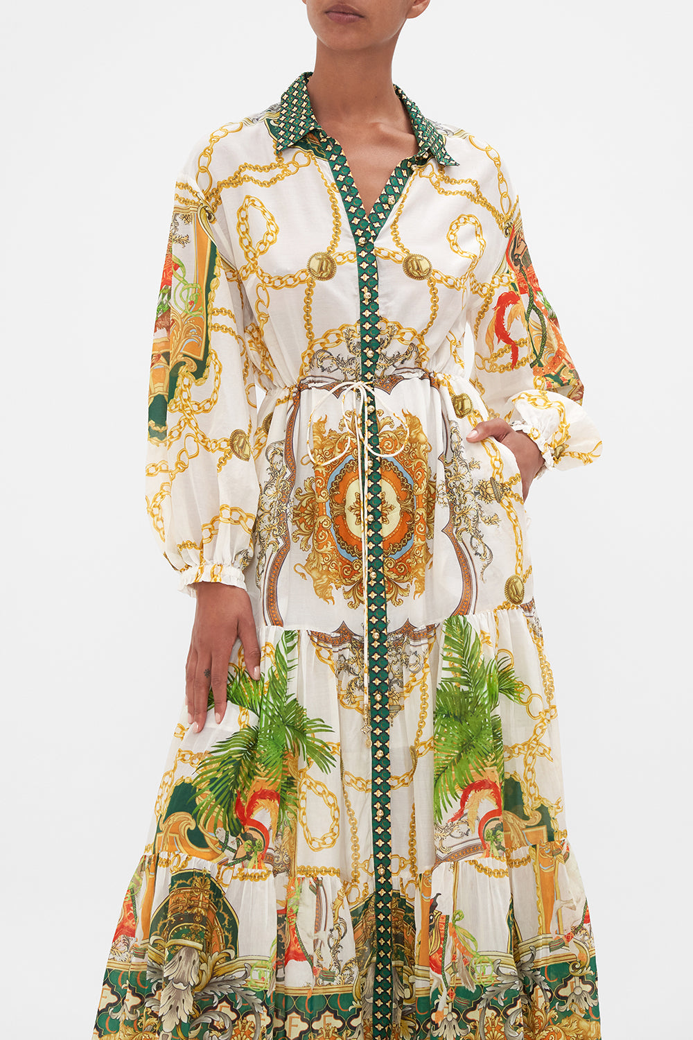 Side view of model wearing CAMILLA silk cotton maxi dress in My Sweet Devotion print