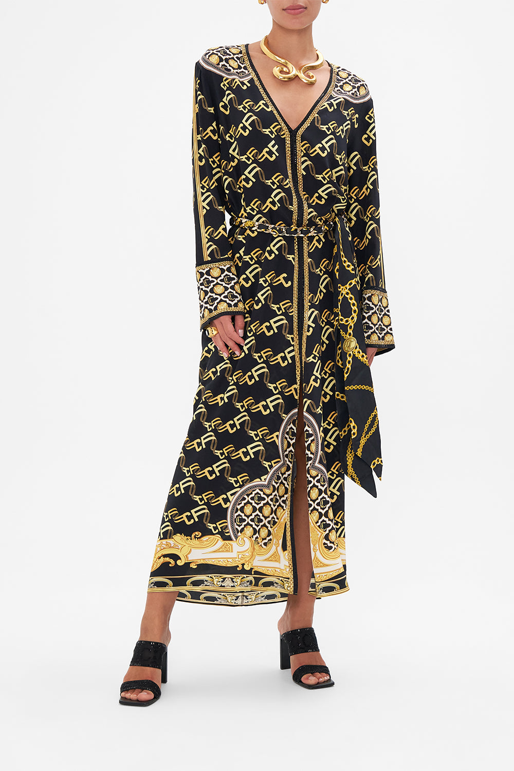 Front view of model wearing CAMILLA silk dress in Tether Me Not print