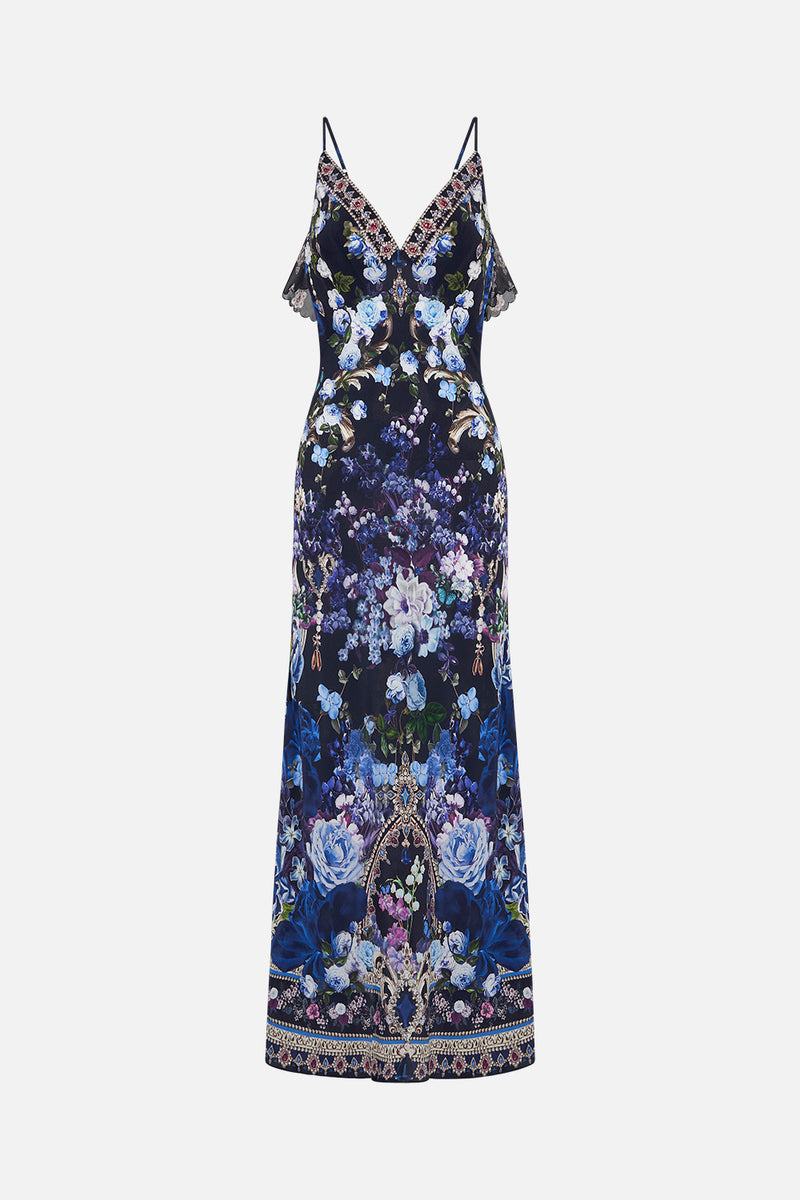 V NECK BIAS SLIP DRESS WITH BACK FRILL THE JEWELLERY MUSEUM