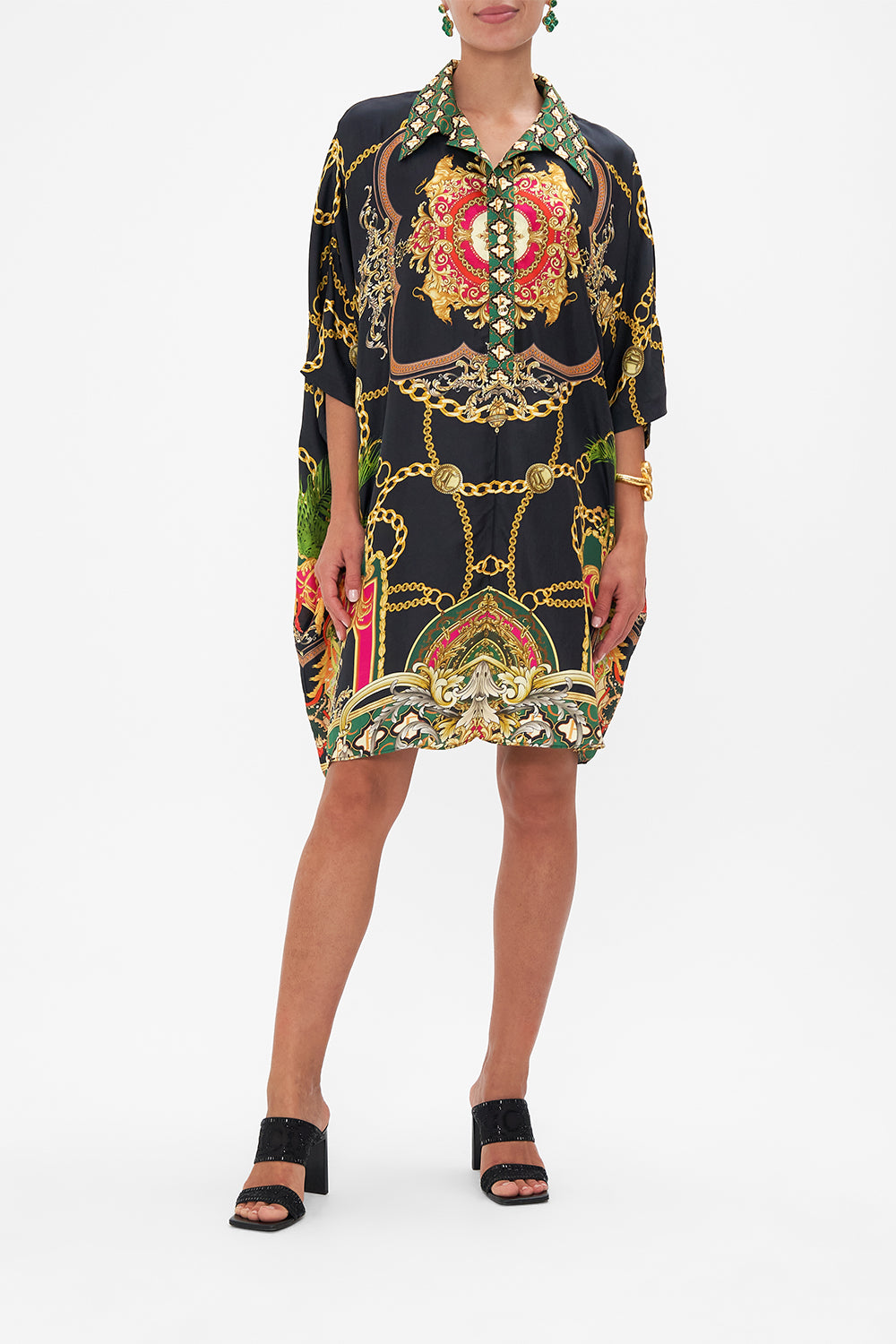 Front view of model wearing CAMILLA silk kaftan in Jealousy And Jewels print