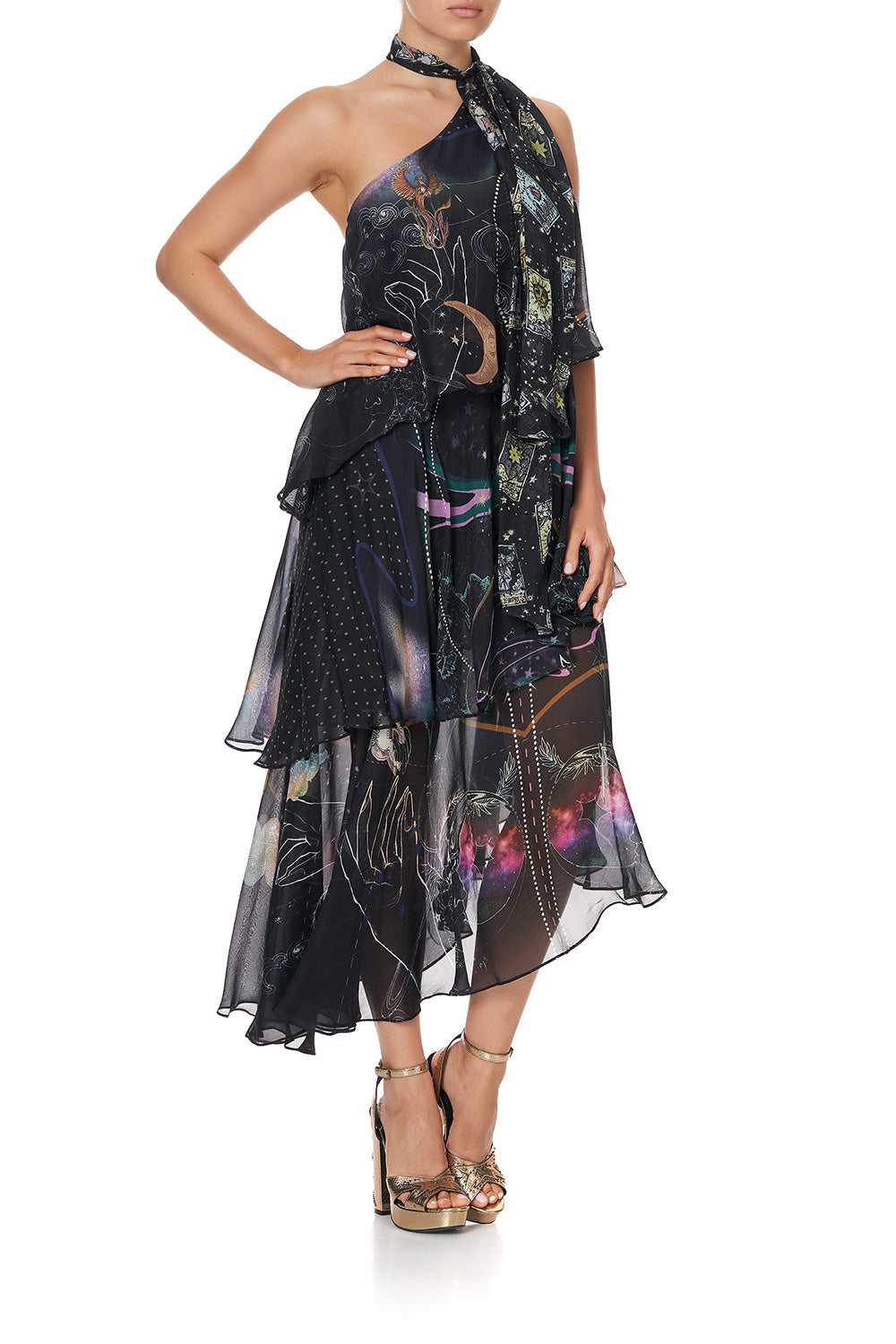 ASYMMETRICAL NECK TIE DRESS MIDNIGHT MOON HOUSE