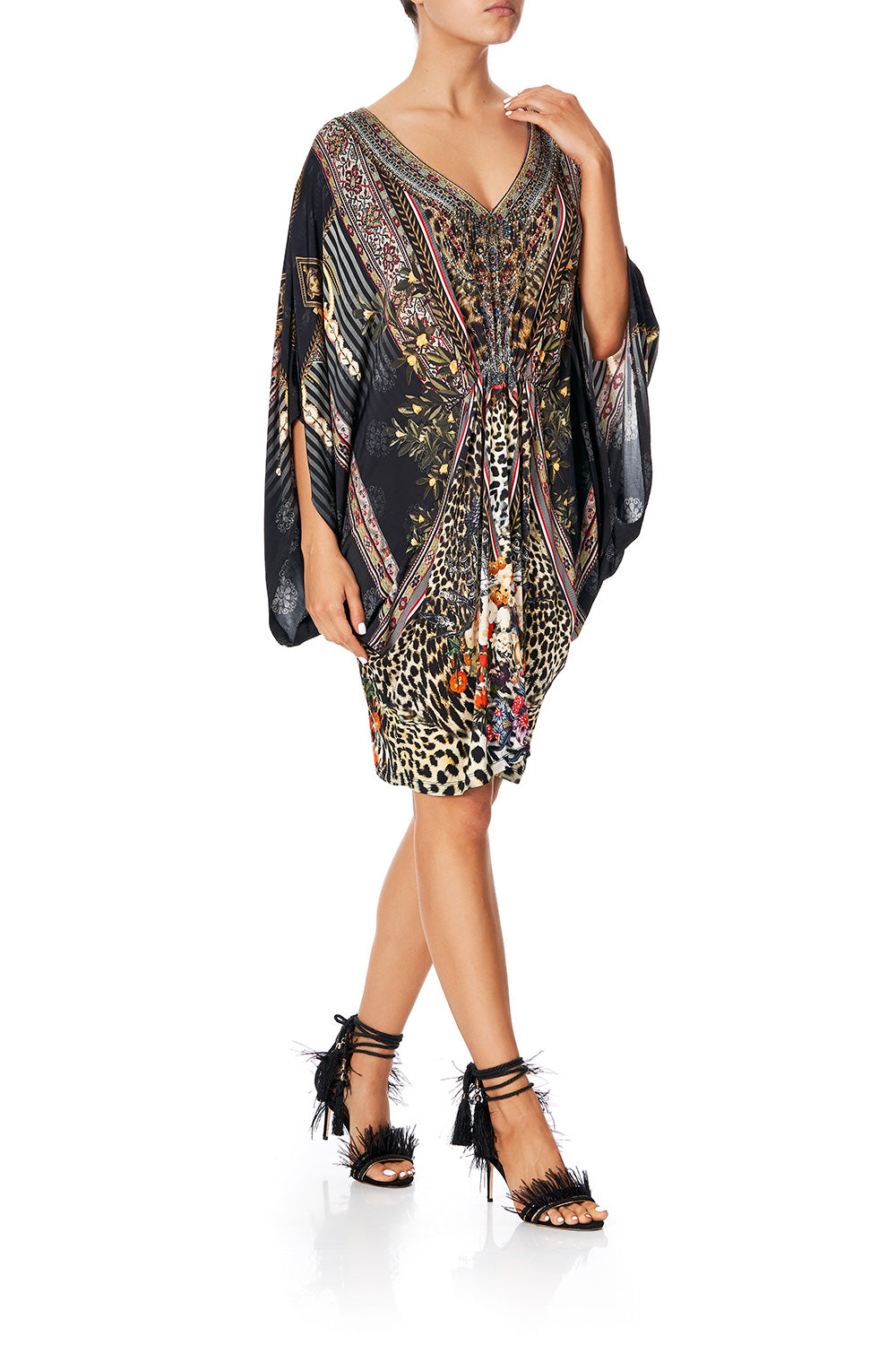 CAMILLA BAT SLEEVE DRESS WITH GATHERED WAIST MARAIS AT MIDNIGHT