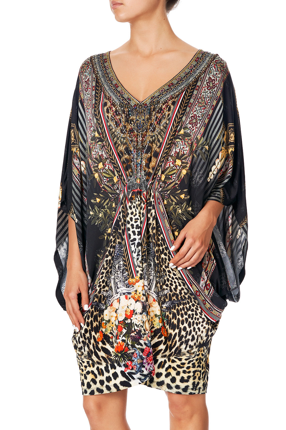 CAMILLA BAT SLEEVE DRESS WITH GATHERED WAIST MARAIS AT MIDNIGHT