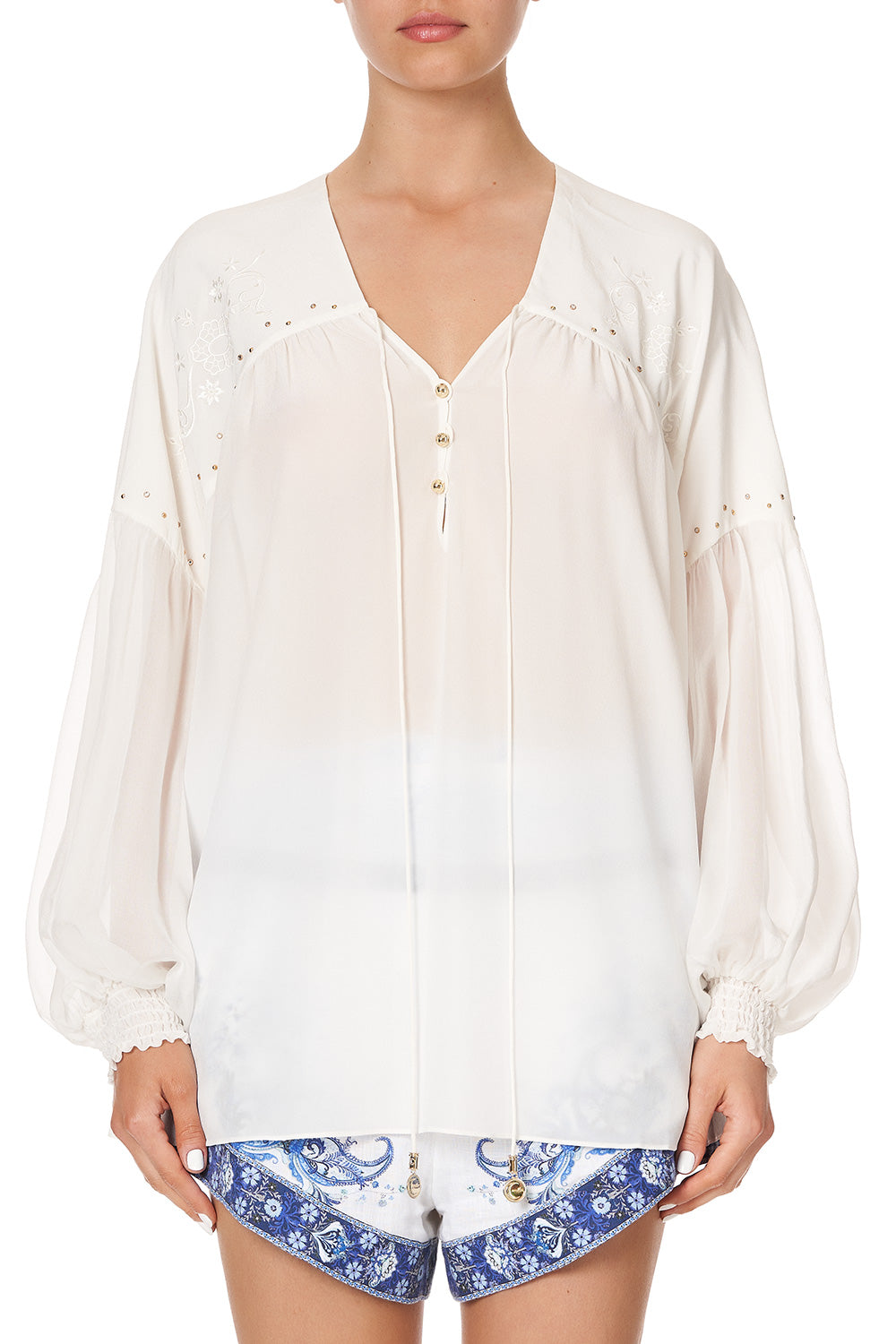 BLOUSON BLOUSE WITH NECK TIE SOLID WHITE