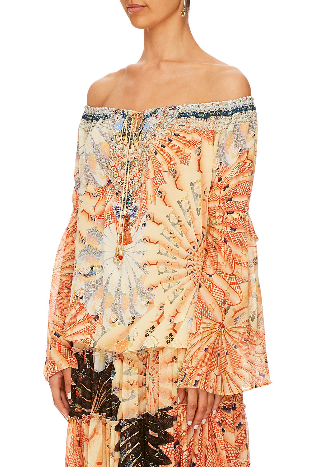 CAMILLA FOR THE FANS DROP SHOULDER TIE SLEEVE TOP