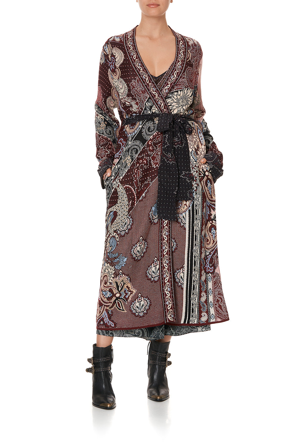 KNIT COAT WITH WOVEN DETAIL TALE OF THE FIRE BIRD