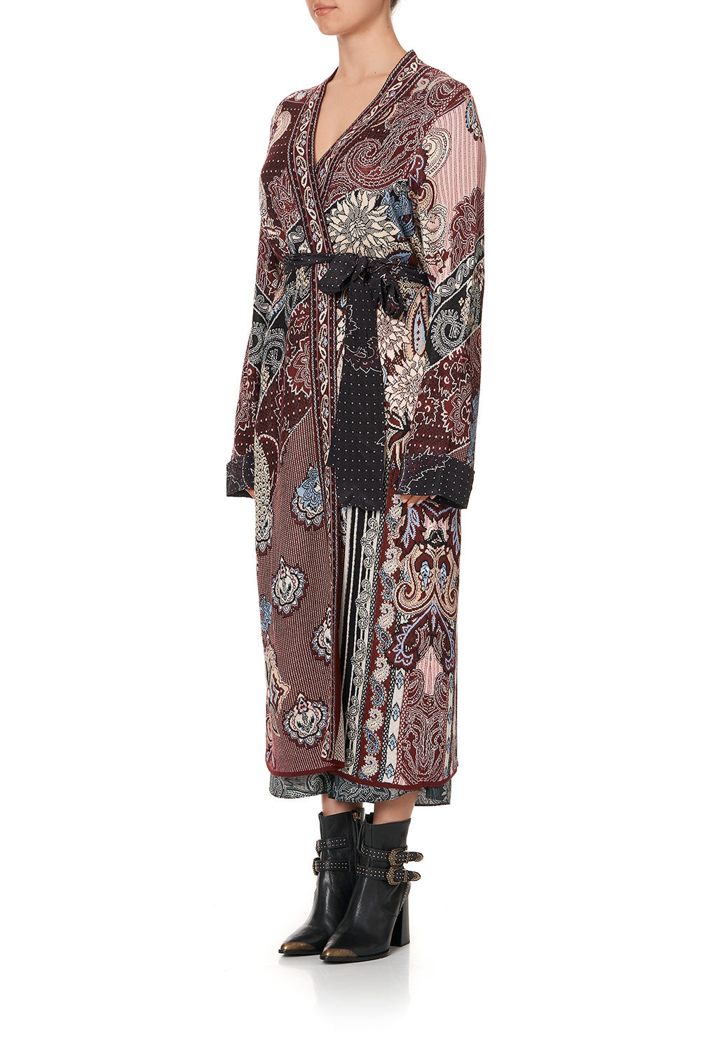 KNIT COAT WITH WOVEN DETAIL TALE OF THE FIRE BIRD