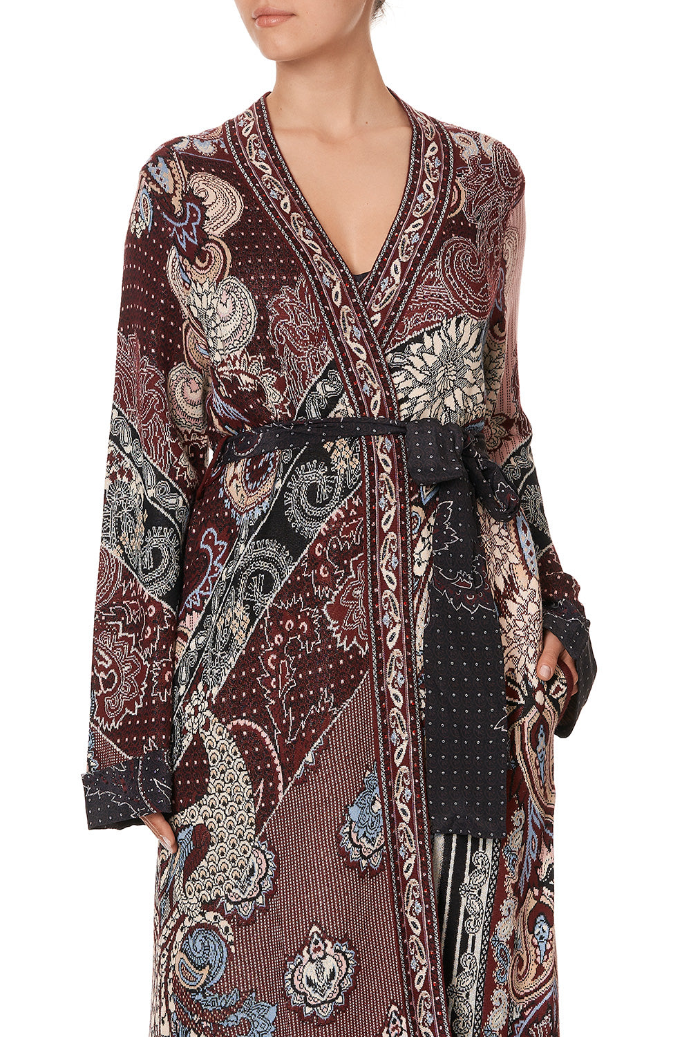 KNIT COAT WITH WOVEN DETAIL TALE OF THE FIRE BIRD