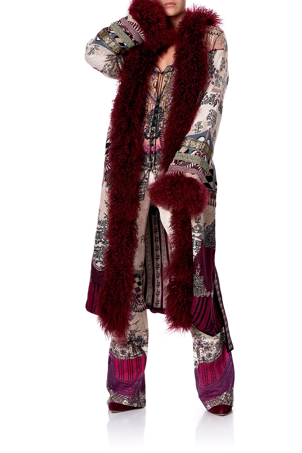 LONG KNIT JACQUARD COAT WITH FUR VIOLET CITY