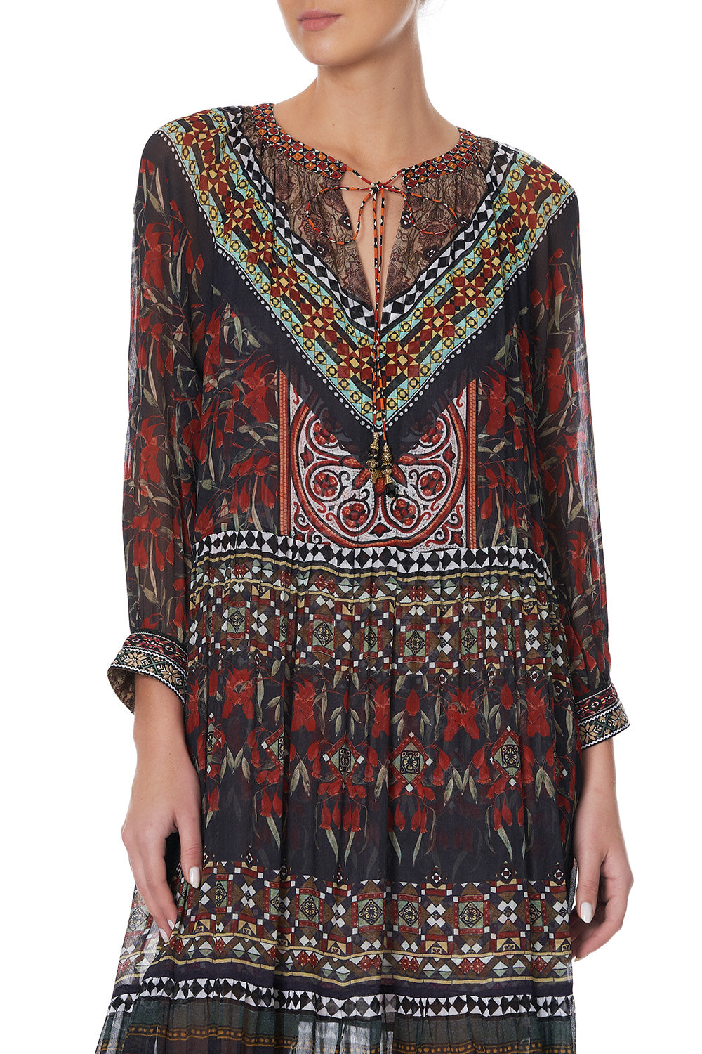 LONG GATHERED PANEL DRESS PAVED IN PAISLEY