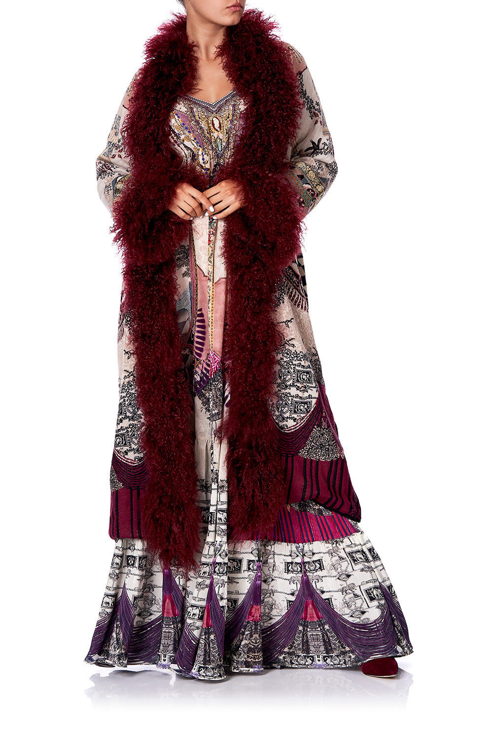 LONG KNIT JACQUARD COAT WITH FUR VIOLET CITY