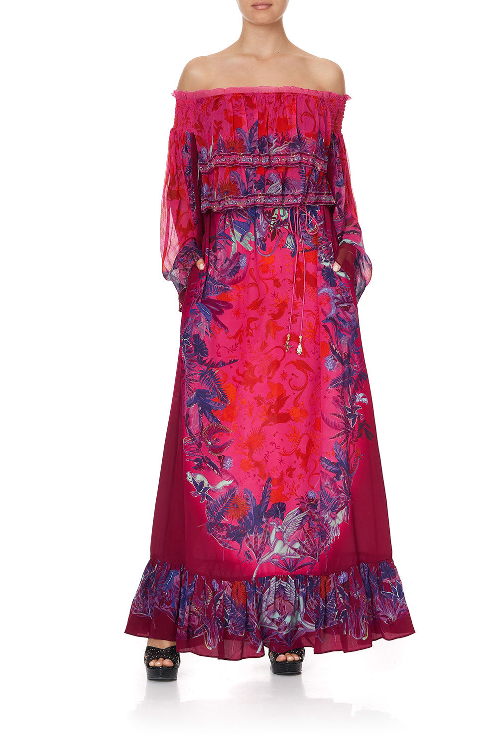 LONG TIERED RUFFLE DRESS TROPIC OF NEON