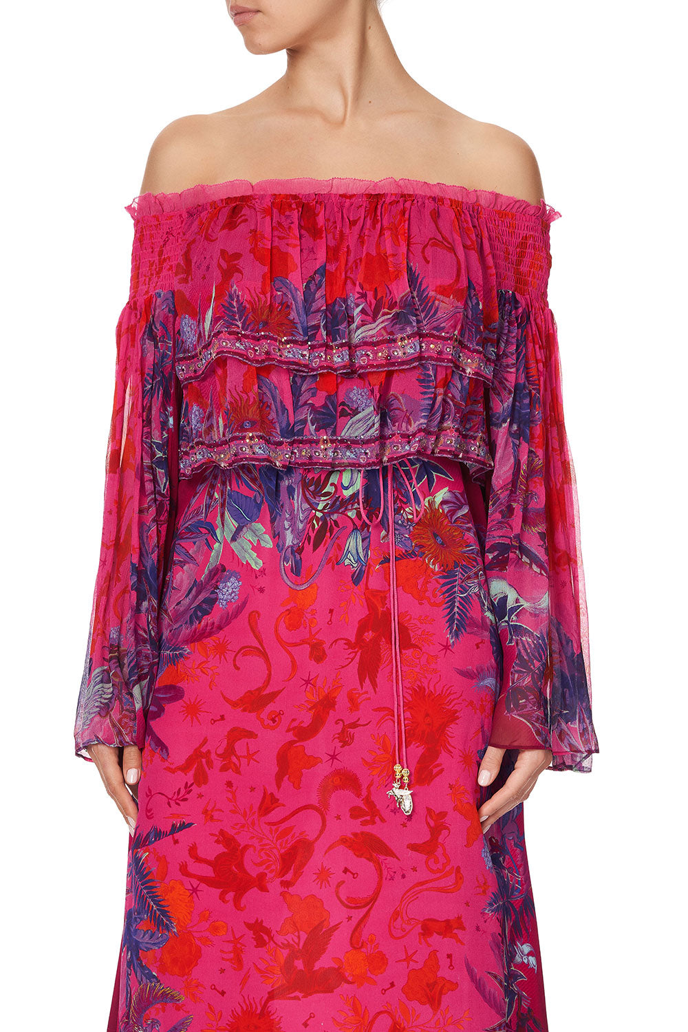 LONG TIERED RUFFLE DRESS TROPIC OF NEON