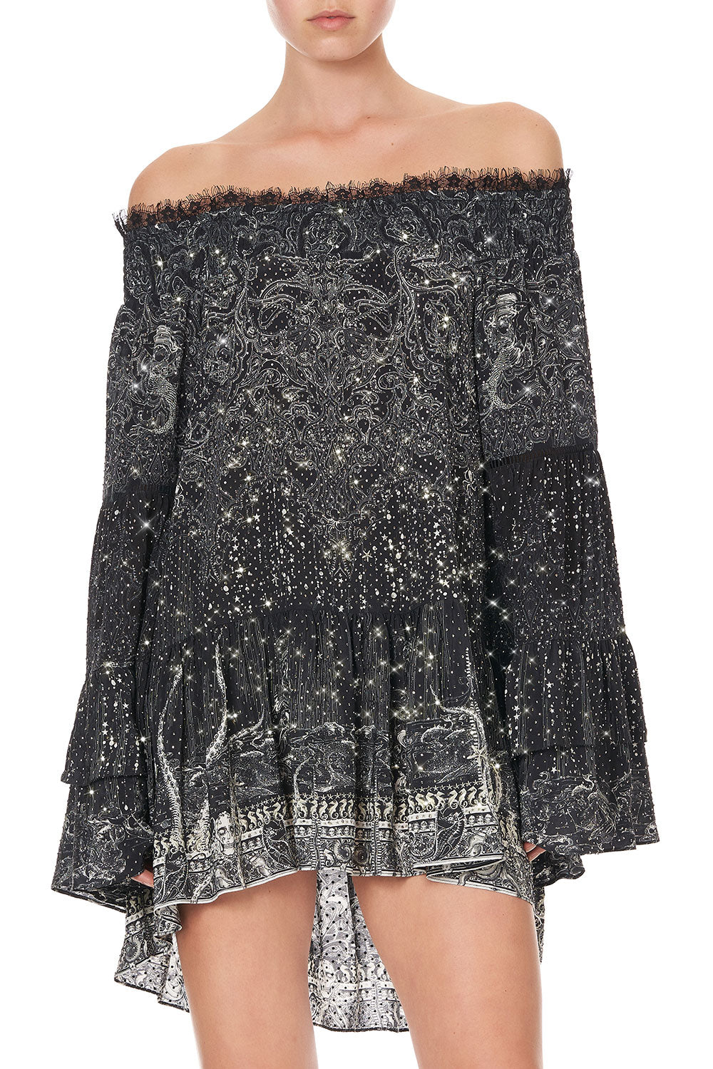 OFF SHOULDER DRESS WITH SMOCKING MIDNIGHT PEARL