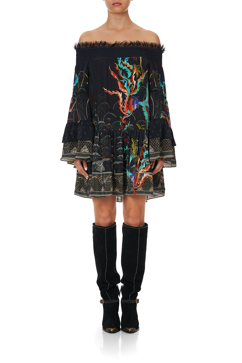 OFF SHOULDER DRESS WITH SMOCKING WISE WINGS