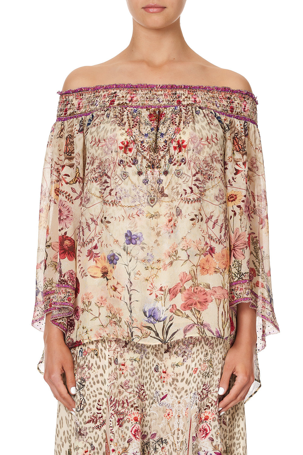 OFF SHOULDER SHIRRED BLOUSE DRIFTING DREAMER