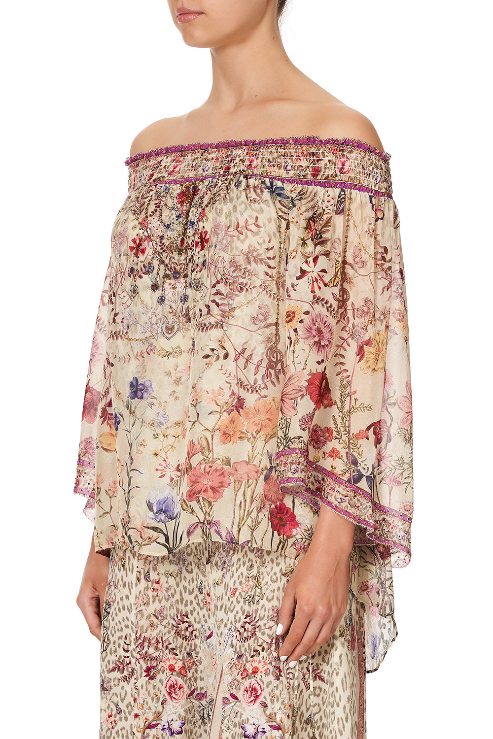 OFF SHOULDER SHIRRED BLOUSE DRIFTING DREAMER