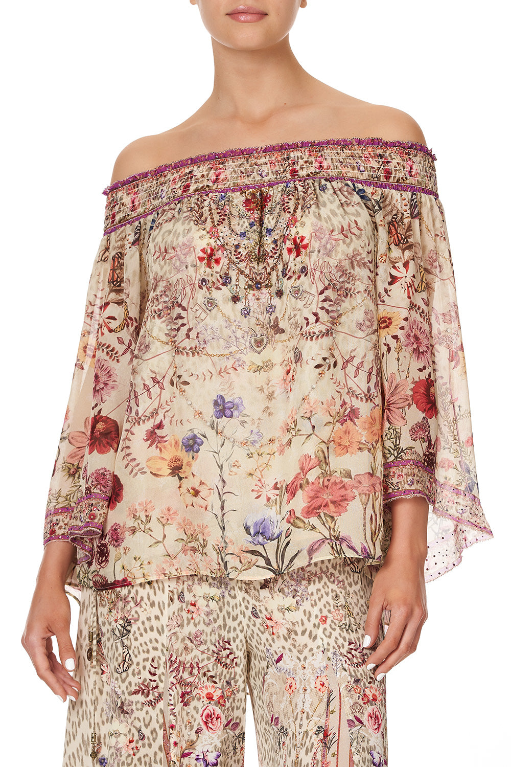 OFF SHOULDER SHIRRED BLOUSE DRIFTING DREAMER