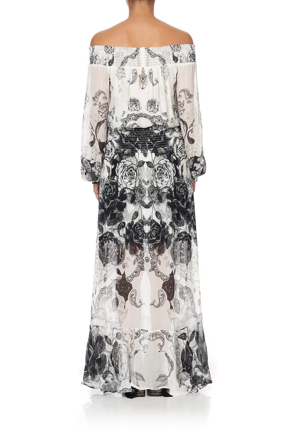 OFF SHOULDER SHIRRED DRESS MIDNIGHT PEARL