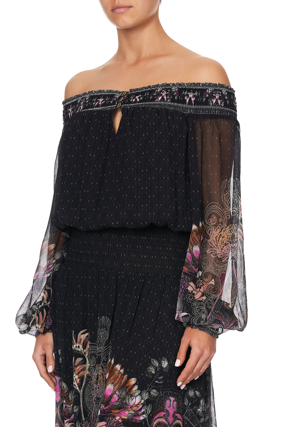 OFF SHOULDER SHIRRED DRESS RESTLESS NIGHTS