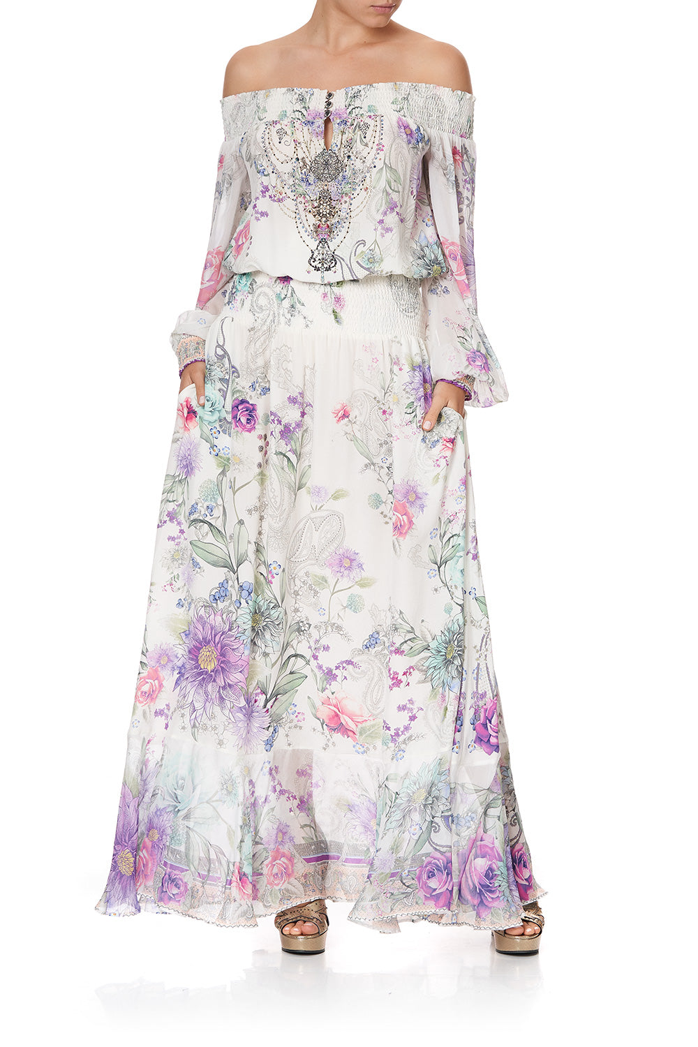 OFF SHOULDER SHIRRED DRESS FOREVER FAR