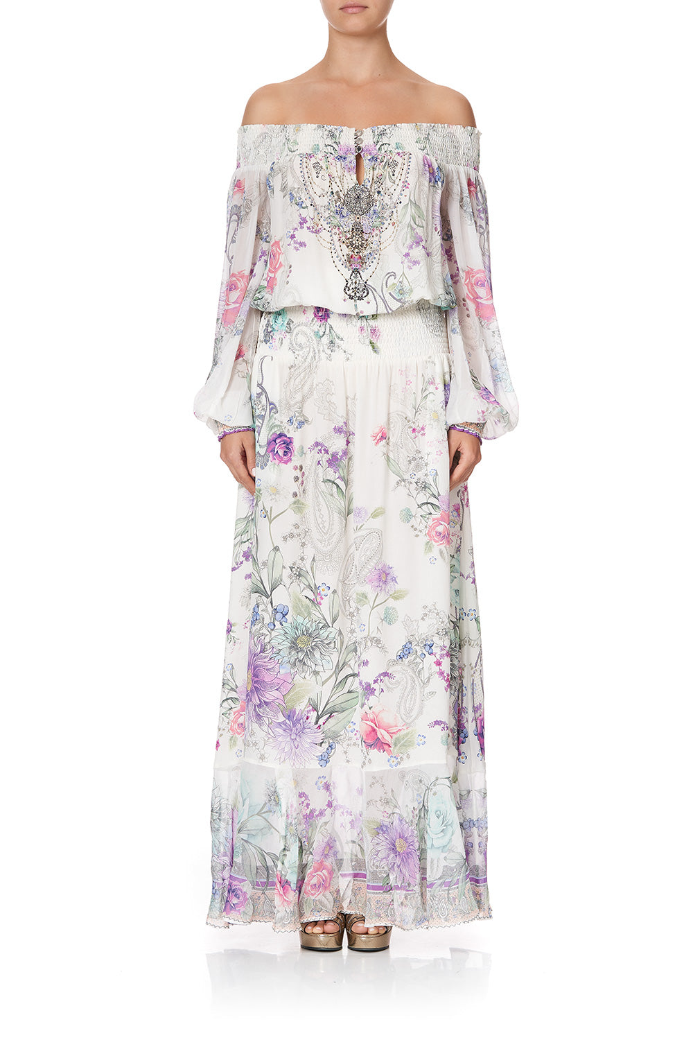 OFF SHOULDER SHIRRED DRESS FOREVER FAR