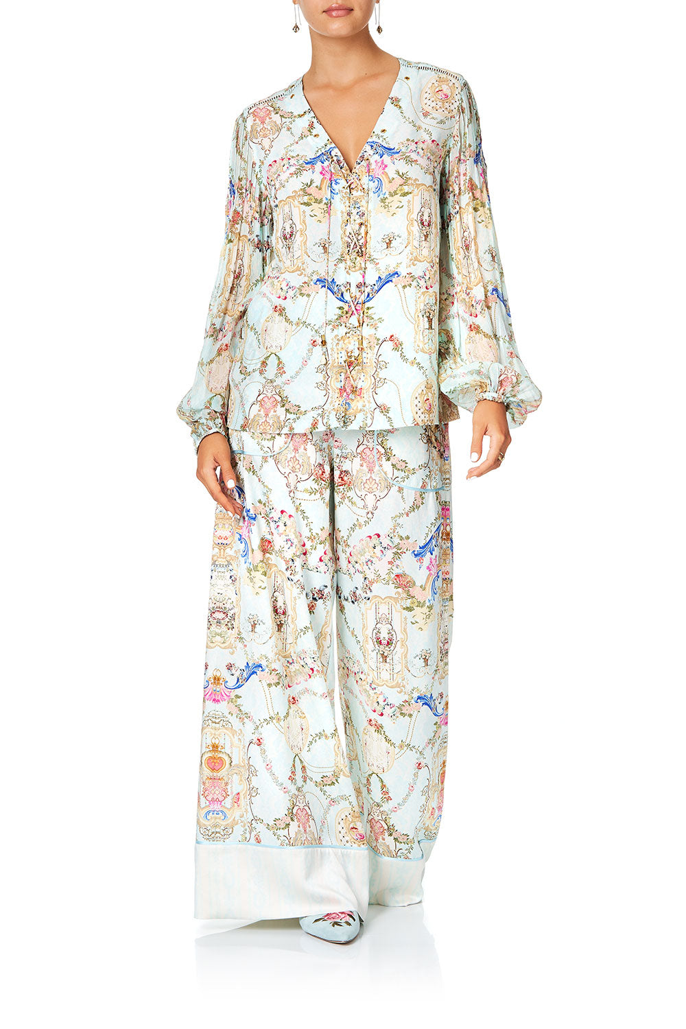 CAMILLA PEASANT BLOUSE WITH FRONT VERSAILLES SKY