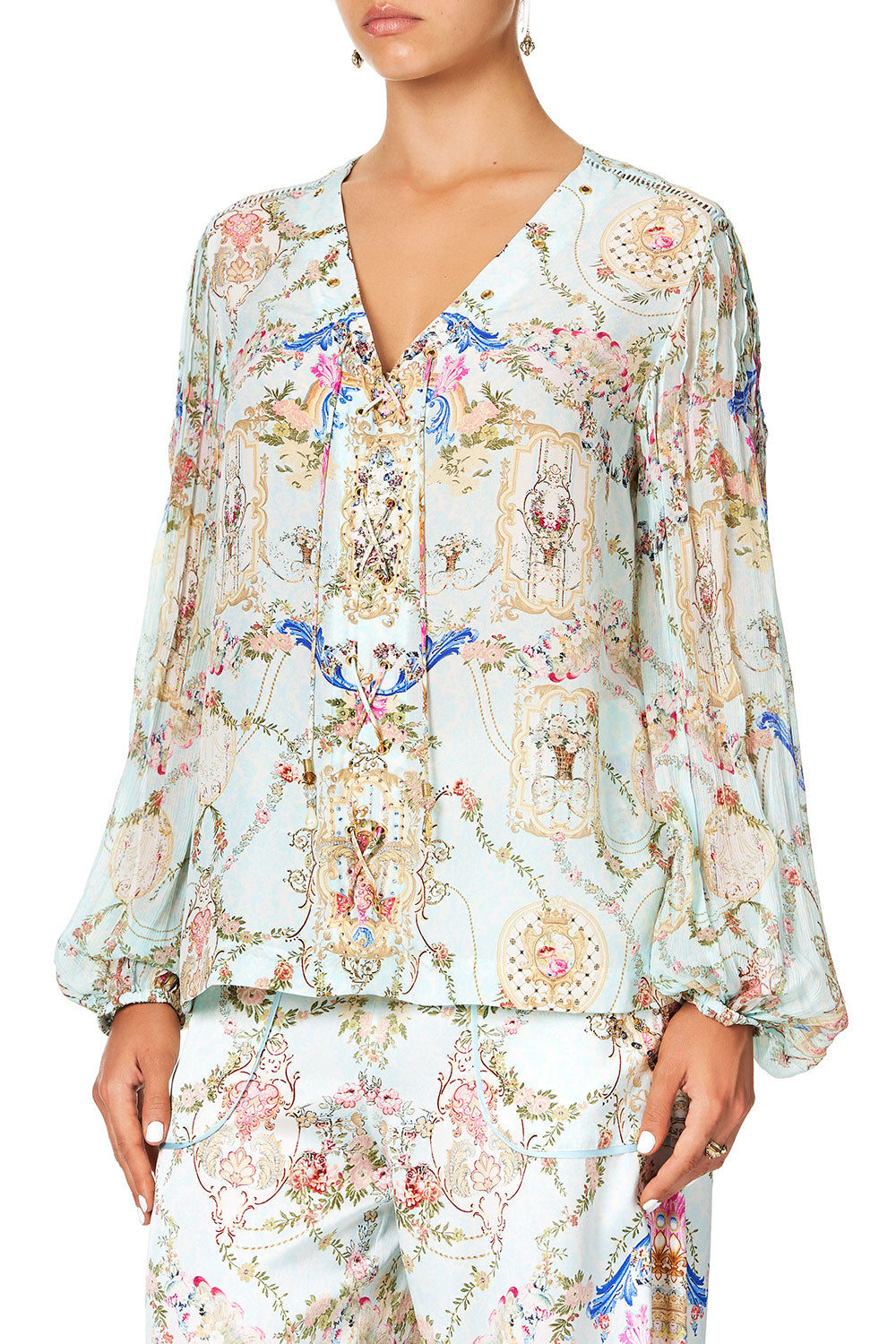 CAMILLA PEASANT BLOUSE WITH FRONT VERSAILLES SKY