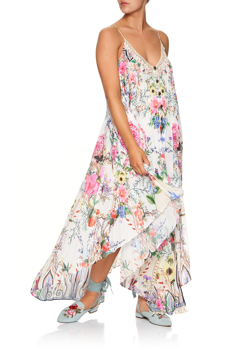 PLEATED BUTTON FRONT SLIP DRESS BOHEME