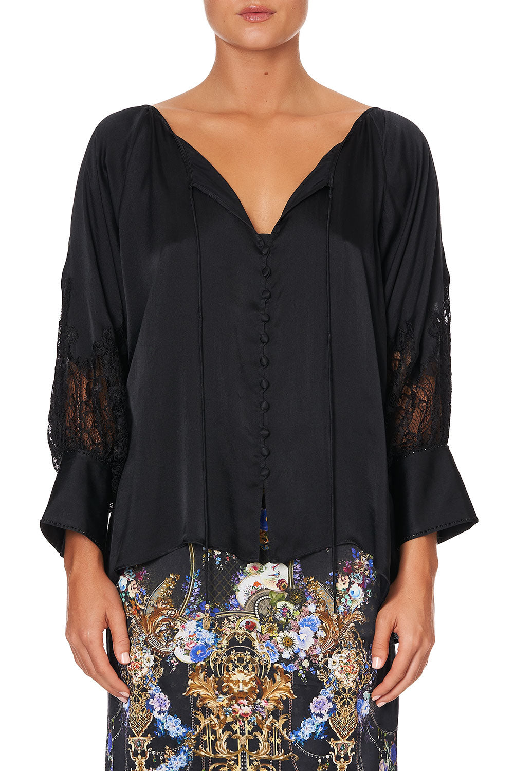 RAGLAN SLEEVE BUTTON UP TOP SOLID BLACK