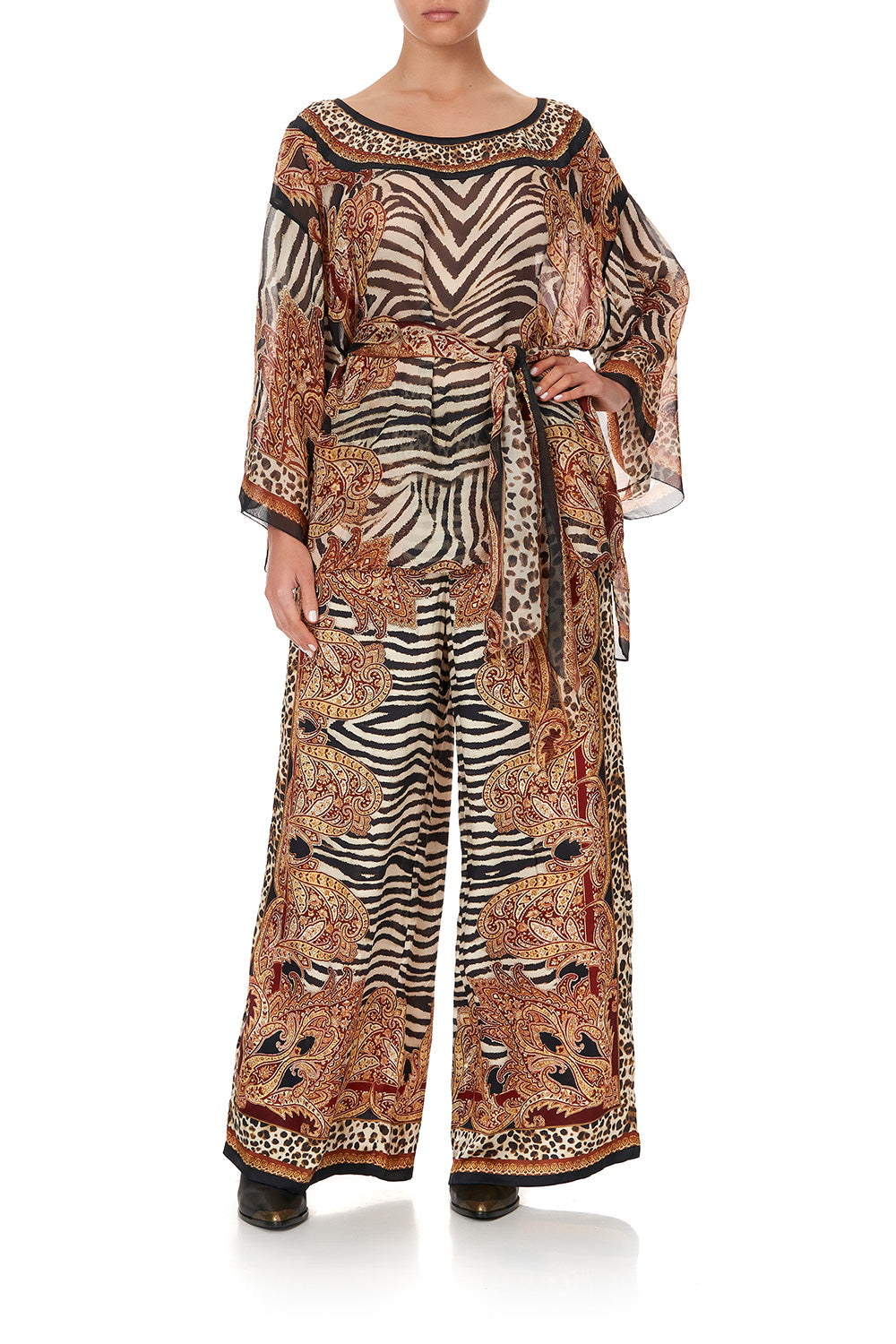 ROUND NECK TOP WITH BELT WILD FIRE