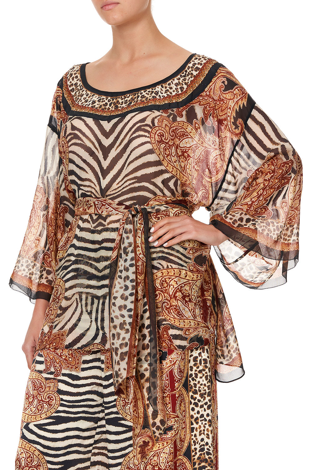 ROUND NECK TOP WITH BELT WILD FIRE