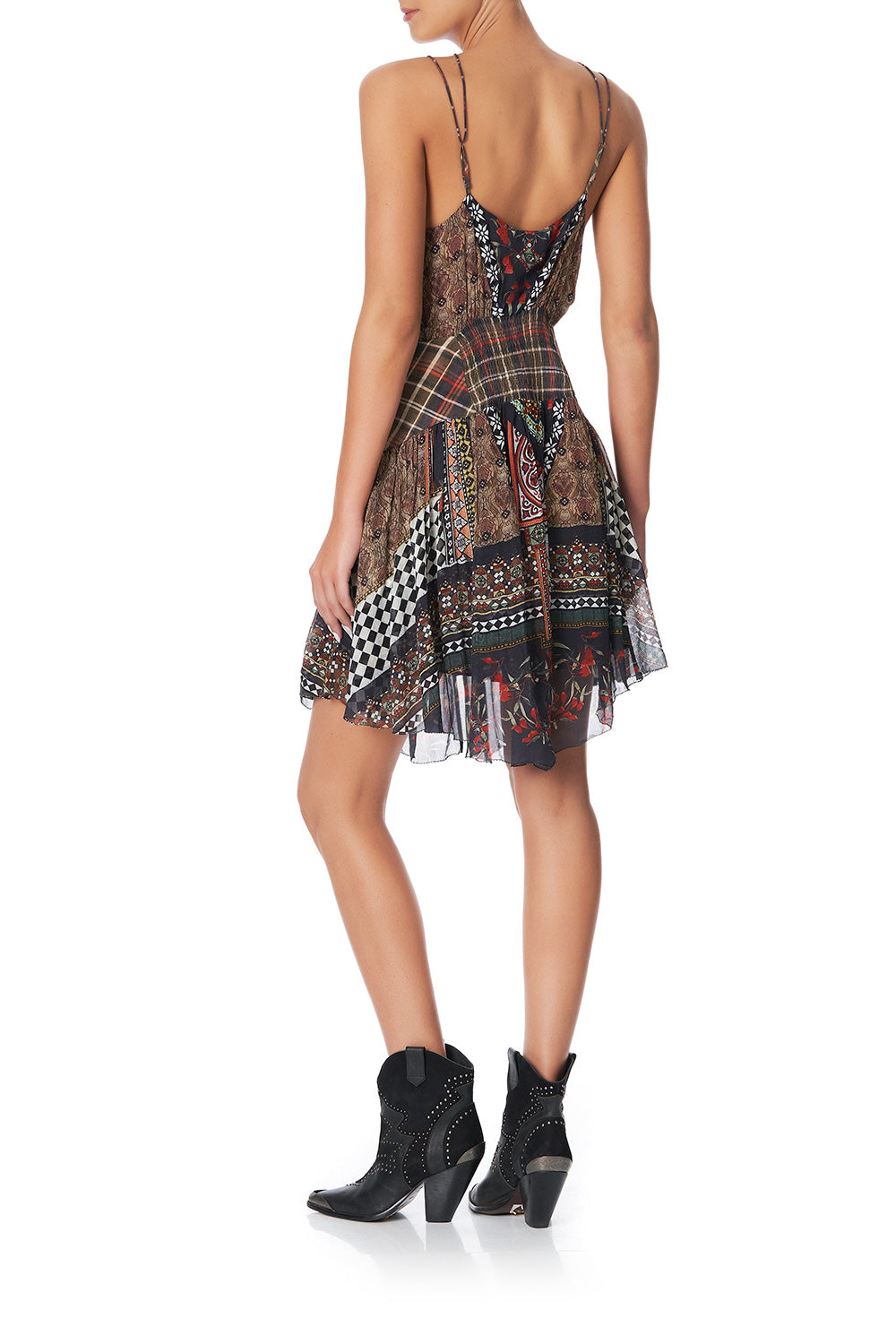 SHORT DRESS WITH SHAPED WAISTBAND PAVED IN PAISLEY