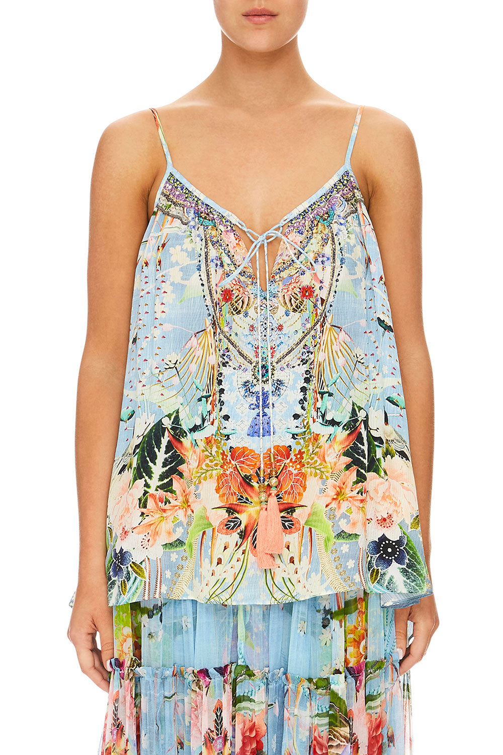 CAMILLA THE STILL ABYSS STRAP TOP W/ TIE FRONT DETAIL