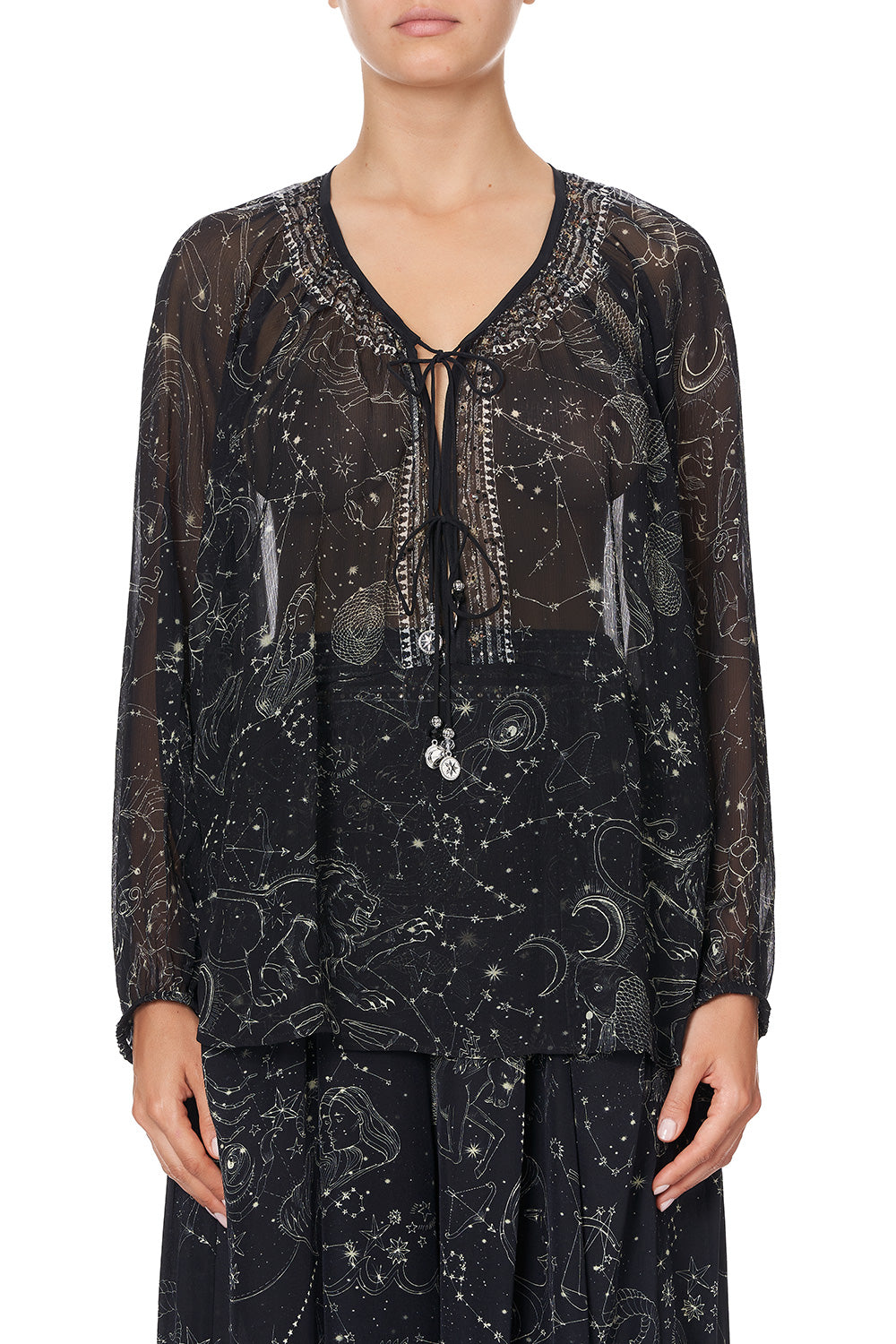 TIE FRONT HIGH LOW HEM BLOUSE MOON SET