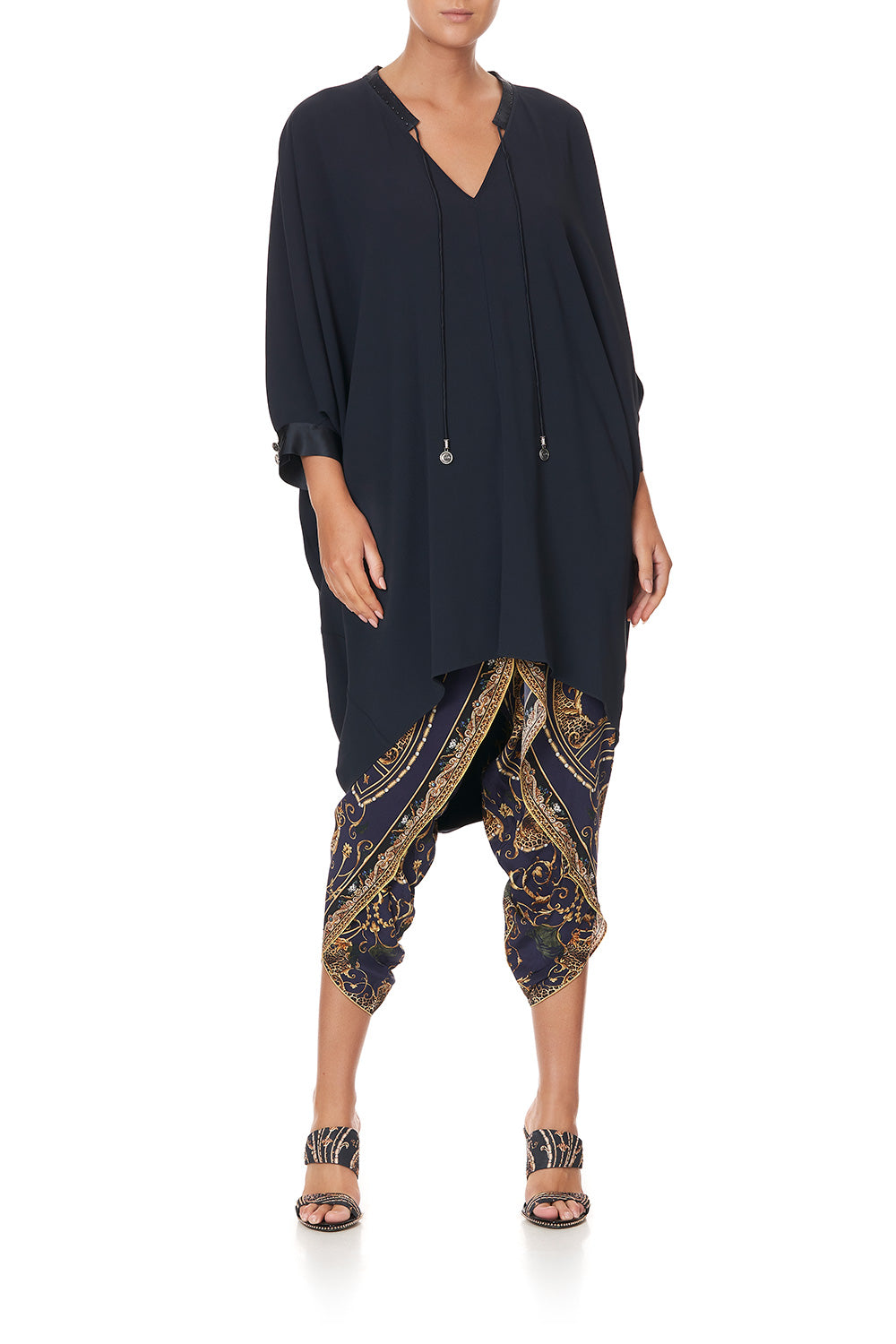 V-NECK DRESS WITH DRAPED BACK SOLID NAVY