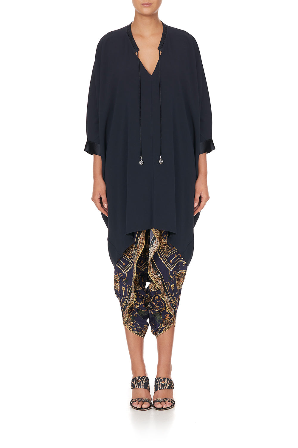 V-NECK DRESS WITH DRAPED BACK SOLID NAVY