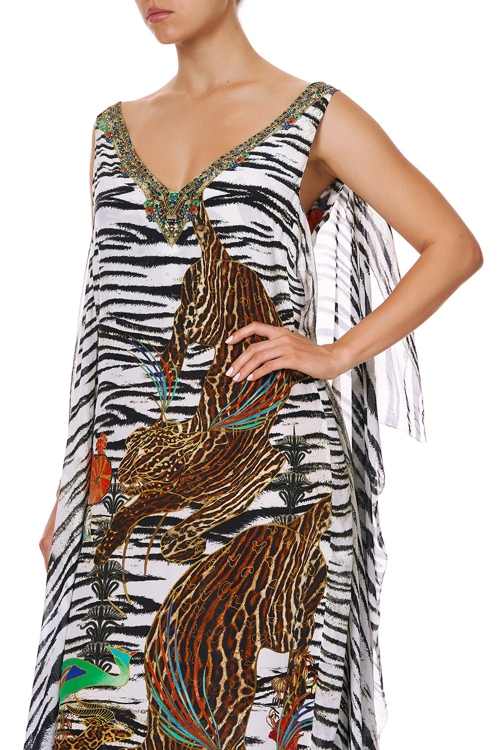 V-NECK DRESS WITH BACK OVERLAYER COSMIC CONFLICT