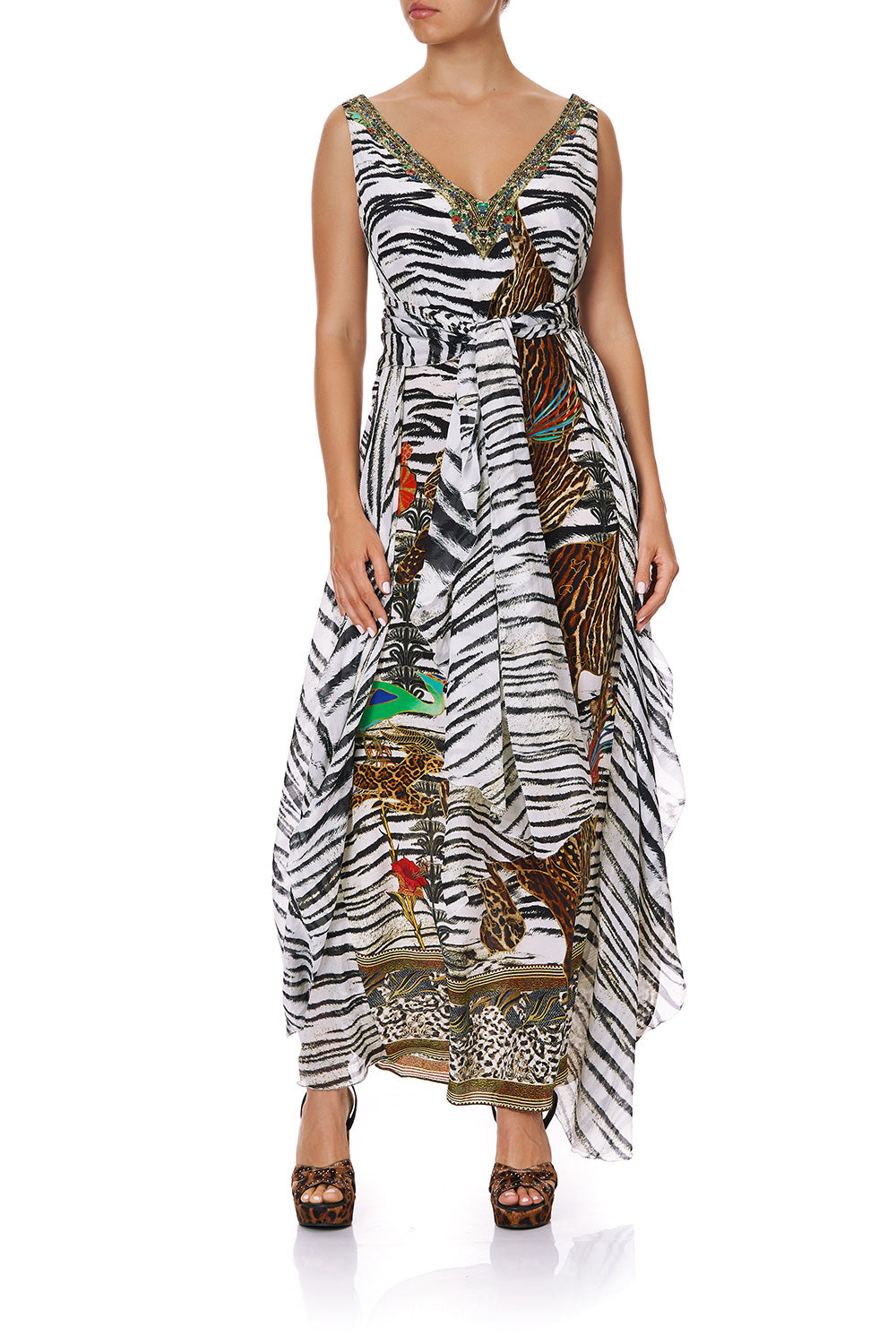 V-NECK DRESS WITH BACK OVERLAYER COSMIC CONFLICT